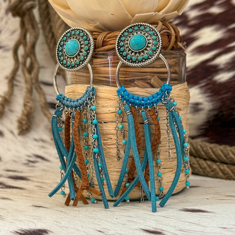 NWT Justin Turquoise Concho Suede Chain Fringe Western Dangle Earrings